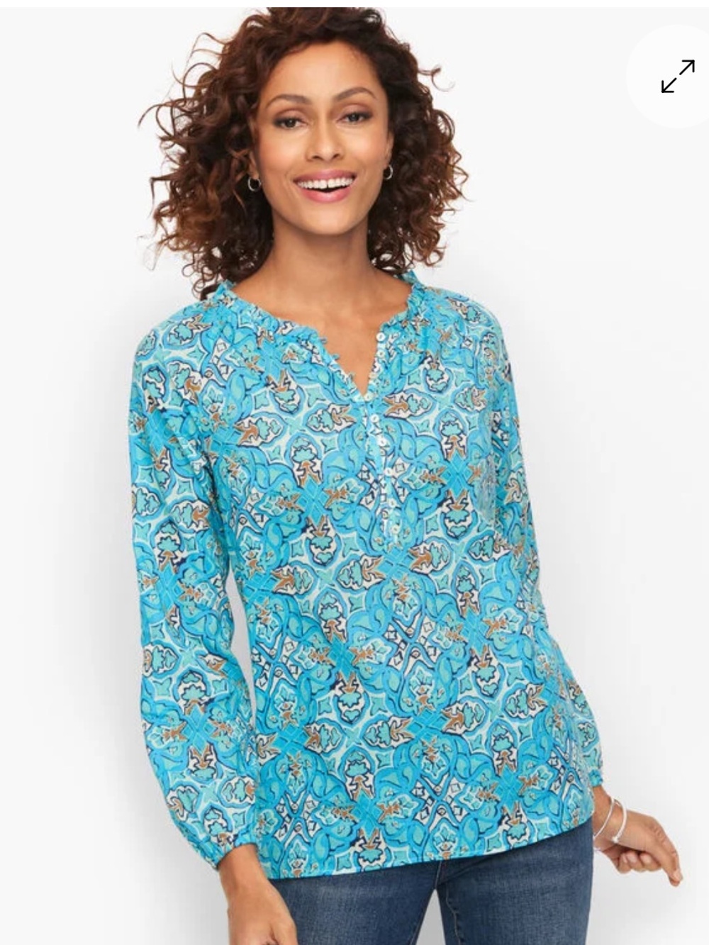 Talbots Blue Medallion Print Cotton Peasant Blouse Boho Coastal Size Small